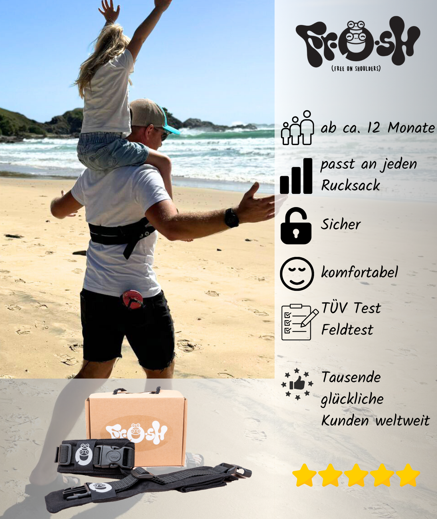 FROSH | free on shoulders | kompakte Kindertrage | perfekt zum Wandern | Schwarz - ADViKiDS