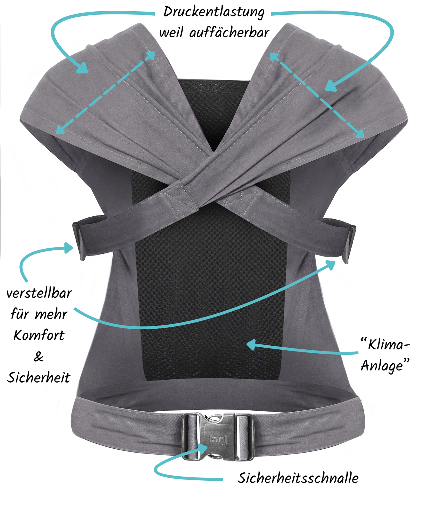 IZMI | Babytrage Breeze | mit atmungsaktivem Mesh-Panel | BREEZE + CS Grau - ADViKiDS