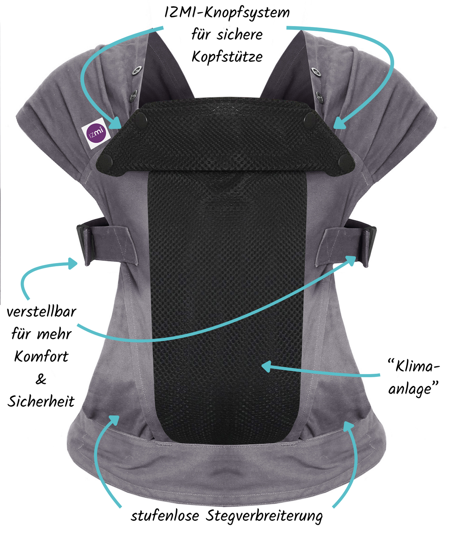 IZMI | Babytrage Breeze | mit atmungsaktivem Mesh-Panel | BREEZE + CS Grau - ADViKiDS
