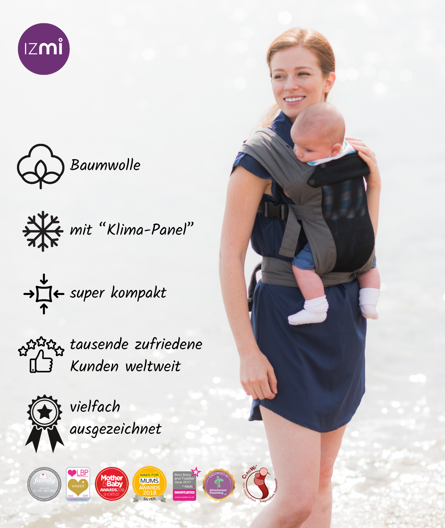 IZMI | Babytrage Breeze | mit atmungsaktivem Mesh-Panel | BREEZE + CS Grau - ADViKiDS